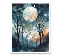 Artery8 Full Moon Winter Forest Landscape Snowfall over Trees at Night Art Print Framed Poster Wall Decor 12x16 inch