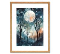 Artery8 Wall Art Print Full Moon Winter Forest Landscape Snowfall over Trees at Night Artwork Framed 9X7 Inch in Beige | Size: W7" x H9" Artery8 Beige W7" x H9"