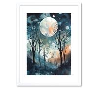 Artery8 Wall Art Print Full Moon Winter Forest Landscape Snowfall over Trees at Night Artwork Framed 9X7 Inch in White | Size: W7" x H9" Artery8 White W7" x H9"