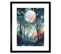 Artery8 Wall Art Print Full Moon Winter Forest Landscape Snowfall over Trees at Night Artwork Framed 9X7 Inch in Black | Size: W7" x H9" Artery8 Black W7" x H9"