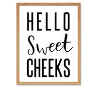 Artery8 Wall Art Print Funny Bathroom Hello Sweet Cheeks Cheeky Toilet Sign Art Framed in Light Oak | Size: W12" x H16" Artery8 Light Oak W12" x H16"