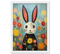 Artery8 Funny Bunny Illustration Modern Floral Rabbit Animal Artwork for Kids Bedroom or Baby Nursery Artwork Framed Wall Art Print A4