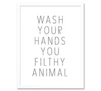 Artery8 Wall Art Print Funny Toilet Wash Your Hands You Filthy Animal Sign Bathroom Decor Art Framed in White | Size: W12" x H16" Artery8 White W12" x H16"