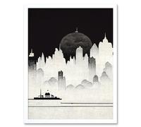 Artery8 Wall Art Print Futuristic Cityscape Ukiyo-e Flat Art Framed in White | Size: W12" x H16" Artery8 White W12" x H16"