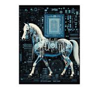 Artery8 Wall Art Print Futuristic Horse Robot Hybrid Secret Military Schematic Blue Complex Arcane Manuscript Gift For Him Man Cave Poster Artery8 Multicolor W24" x H32"