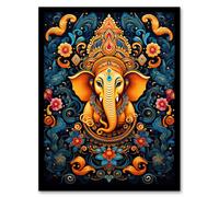 Wall Art Print Ganesha and Flowers Hindu Concept Art Orange Blue Vibrant Ornate Floral Pattern Design with Elephant Artwork Framed Artery8 Blue A4