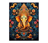 Wall Art Print Ganesha and Flowers Hindu Concept Art Orange Blue Vibrant Ornate Floral Pattern Design with Elephant Poster Artery8 Blue W18 inch x H24 inch