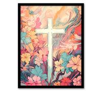 Artery8 Wall Art Print Garden of Peace Watercolour Painting Cross Surrounded by Flowers Blue Orange Pink Divine Blooms Artwork Framed | Size: A4 Artery8 Pink A4