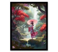 Artery8 Wall Art Print Geisha Dancing w/ Umbrella By Cherry Blossom Trees Painting Traditional Pink Floral Kimono Dance in Tranquil Japan Forest Artery8 Pink W12" x H16"
