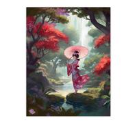 Artery8 Wall Art Print Geisha Dancing w/ Umbrella By Cherry Blossom Trees Painting Traditional Pink Floral Kimono Dance in Tranquil Japan Forest Artery8 Pink W12" x H16"