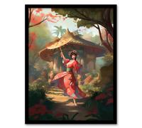 Artery8 Wall Art Print Geisha Performing in Tranquil Garden Painting Graceful Traditional Dance Floral Japan Kimono Spring Bloom Flower Landscape Art Artery8 Multicolor A4