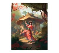 Artery8 Wall Art Print Geisha Performing in Tranquil Garden Painting Graceful Traditional Dance Floral Japan Kimono Spring Bloom Flower Landscape Artery8 Multicolor W24" x H32"