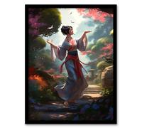 Artery8 Geisha Performing in Tranquil Garden Painting Graceful Traditional Dance in Spring Bloom Flowers Artwork Framed Wall Art Print A4