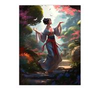 Artery8 Wall Art Print Geisha Performing in Tranquil Garden Painting Graceful Traditional Dance in Spring Bloom Flowers Poster | Size: W12" x H16" Artery8 Multicolor W12" x H16"