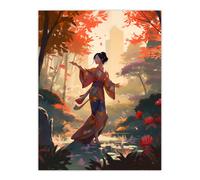 Artery8 Geisha Performing Traditional Dance Warm Painting Graceful Dancing Falling Leaves Floral Japanese Kimono Autumn Tree Tranquil Garden Landscape Extra Large XL Wall Art Poster Print