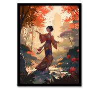 Artery8 Wall Art Print Geisha Performing Traditional Dance Warm Painting Graceful Dancing Falling Leaves Floral Japan Kimono Autumn Tree Tranquil Artery8 Multicolor A4