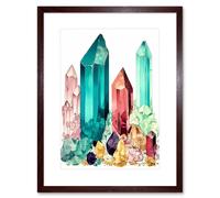 Artery8 Wall Art Print Gemstone Crystals Watercolour Study Purple Blue Pink Yellow Healing Energy Mineral Artwork Framed 9X7 Inch | Size: W7" x H9" Artery8 Brown W7" x H9"