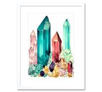 Artery8 Wall Art Print Gemstone Crystals Watercolour Study Purple Blue Pink Yellow Healing Energy Mineral Artwork Framed 9X7 Inch | Size: W7" x H9" Artery8 White W7" x H9"