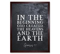 Artery8 Wall Art Print Genesis 1:1 In The Beginning GOD created the Heavens & the Earth Christian Bible Verse Quote Scripture Typography Art Framed Artery8 Brown W12" x H16"