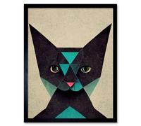 Artery8 Framed Wall Art Geometric Black Cat Teal Fun Quirky - 12X16 Inch