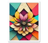 Artery8 Wall Art Print Geometric Floral Mandala Bright Multicoloured Shapes Art Framed in White | Size: W12" x H16" Artery8 White W12" x H16"