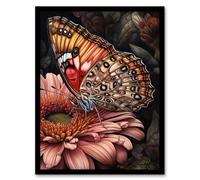 Wall Art Print Gerbera Daisy Flower With Butterfly Pencil Spring Bloom With Insect Macro Close-Up Painted Lady Pattern Colourful Bright Floral Modern Artery8 Orange A4