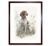Artery8 Wall Art Print German Pointer Dog Sitting in Field Modern Detailed Pastel Watercolour Artwork Framed 9X7 Inch in Brown | Size: W7" x H9" Artery8 Brown W7" x H9"