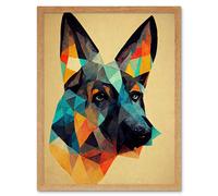 Artery8 Wall Art Print German Shepherd Alsatian Dog Colourful Geometric Art Framed in Light Oak | Size: W12" x H16" Artery8 Light Oak W12" x H16"