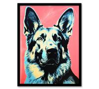 Artery8 Wall Art Print German Shepherd Coral Teal Bold Vibrant Screen Risograph Artwork Spot Block Colour Duotone Retro Riso Interior Design Blue Artery8 Black W12" x H16"