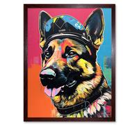 Artery8 Wall Art Print German Shepherd Wearing Police Hat Modern Pop Art Framed in Brown | Size: W12" x H16" Artery8 Brown W12" x H16"