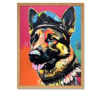 Artery8 Wall Art Print German Shepherd Wearing Police Hat Modern Pop Art Framed in Light Oak | Size: W12" x H16" Artery8 Light Oak W12" x H16"