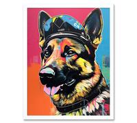 Artery8 Wall Art Print German Shepherd Wearing Police Hat Modern Pop Art Framed in White | Size: W12" x H16" Artery8 White W12" x H16"