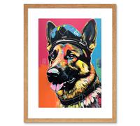 Artery8 Wall Art Print German Shepherd Wearing Police Hat Modern Pop Artwork Framed 9X7 Inch in Beige | Size: W7" x H9" Artery8 Beige W7" x H9"