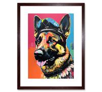 Artery8 Wall Art Print German Shepherd Wearing Police Hat Modern Pop Artwork Framed 9X7 Inch in Brown | Size: W7" x H9" Artery8 Brown W7" x H9"