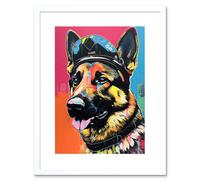 Artery8 Wall Art Print German Shepherd Wearing Police Hat Modern Pop Artwork Framed 9X7 Inch in White | Size: W7" x H9" Artery8 White W7" x H9"
