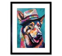 Artery8 Wall Art Print German Shepherd With Fedora Hat Vibrant Portrait Artwork Framed 9X7 Inch