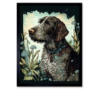 Artery8 Framed Wall Art German Wirehead Pointer Dog And Blue Wildflowers Modern Portrait - 12X16 Inch