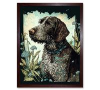 Artery8 Wall Art Print German Wirehead Pointer Dog & Blue Wildflowers Modern Portrait Art Framed in Brown | Size: W12" x H16" Artery8 Brown W12" x H16"