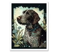 Artery8 Wall Art Print German Wirehead Pointer Dog & Blue Wildflowers Modern Portrait Art Framed in White | Size: W12" x H16" Artery8 White W12" x H16"