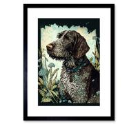 Artery8 Wall Art Print German Wirehead Pointer Dog & Blue Wildflowers Modern Portrait Artwork Framed 9X7 Inch in Black | Size: W7" x H9" Artery8 Black W7" x H9"