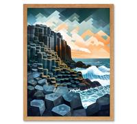 Artery8 Wall Art Print Giant's Causeway Northern Ireland Basalt Formations & Polygonal Clouds Modern Watercolour Painting Art Framed Artery8 Light Oak W12" x H16"
