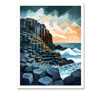 Artery8 Wall Art Print Giant's Causeway Northern Ireland Basalt Formations & Polygonal Clouds Modern Watercolour Painting Art Framed Artery8 White W12" x H16"