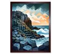Artery8 Wall Art Print Giant's Causeway Northern Ireland Basalt Formations & Polygonal Clouds Modern Watercolour Painting Art Framed Artery8 Brown W12" x H16"