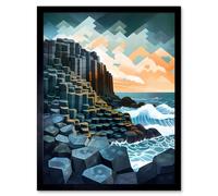 Artery8 Wall Art Print Giant's Causeway Northern Ireland Basalt Formations & Polygonal Clouds Modern Watercolour Painting Art Framed Artery8 Black W12" x H16"