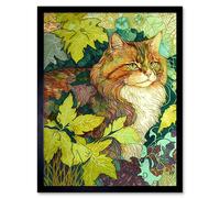 Artery8 Wall Art Print Ginger Cat Hiding in the Bush Tree Modern Colourful Art Framed in Black | Size: W12" x H16" Artery8 Black W12" x H16"