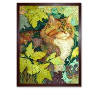 Artery8 Wall Art Print Ginger Cat Hiding in the Bush Tree Modern Colourful Art Framed in Brown | Size: W12" x H16" Artery8 Brown W12" x H16"