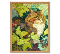 Artery8 Wall Art Print Ginger Cat Hiding in the Bush Tree Modern Colourful Art Framed in Light Oak | Size: W12" x H16" Artery8 Light Oak W12" x H16"