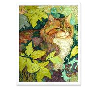 Artery8 Wall Art Print Ginger Cat Hiding in the Bush Tree Modern Colourful Art Framed in White | Size: W12" x H16" Artery8 White W12" x H16"