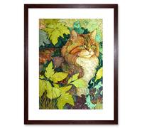 Artery8 Wall Art Print Ginger Cat Hiding in the Bush Tree Modern Colourful Artwork Framed 9X7 Inch in Brown | Size: W7" x H9" Artery8 Brown W7" x H9"