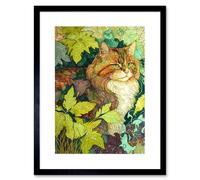 Artery8 Wall Art Print Ginger Cat Hiding in the Bush Tree Modern Colourful Artwork Framed 9X7 Inch in Black | Size: W7" x H9" Artery8 Black W7" x H9"
